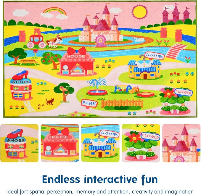 Booooom Jackson Enchanting Kids Pink Castle Rug with Cartoon Park-Flower,Shoes,Clothes,House Design-Perfect for Imaginative Play-Cozy Princess Rug-Ideal for Playrooms and Bedrooms