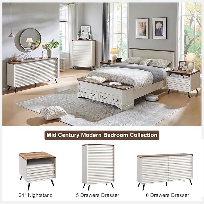 RedLemon 24" Nightstand Set of 2 with Charger Station, Mid Century Modern Fluted End Table with 2 Drawers,Wooden Side Table with Open Cubby Storage for Living Room, Bedroom, Office (Antuique White)