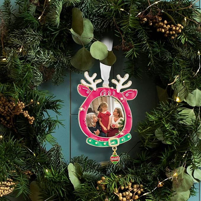 West style 2025 Snowflake Christmas Tree Ornaments Set 3 Pieces-Metallic Picture Frame Ornament Hanging Home Deco Gnomes Reindeer Hanging Pendant Holiday Keepsake Gift (Pink & Golden)