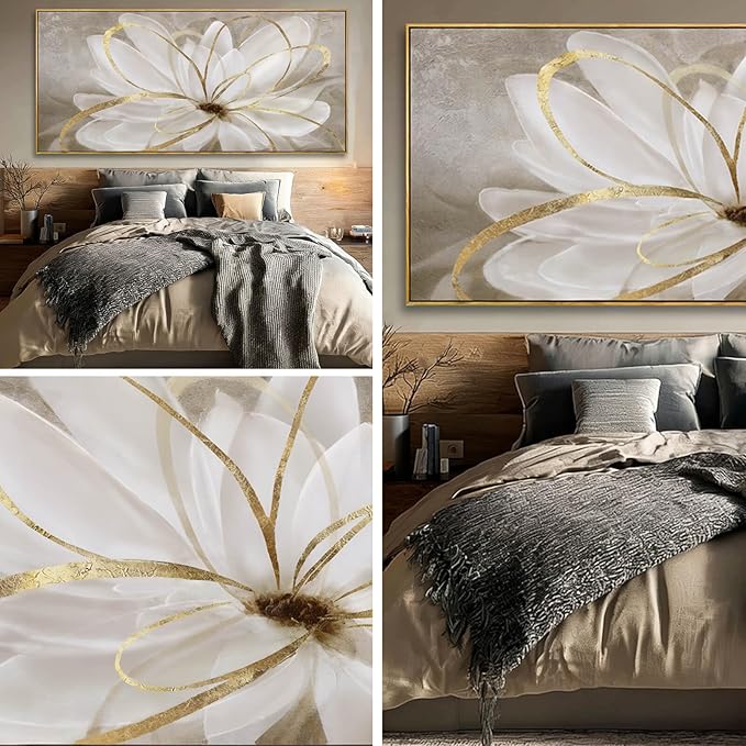 SOUGUAN White Floral Wall Art Line Wall Decor Vintage Canvas Painting 40"x86" Artwork for Bedroom Large Pictures for Dining Room