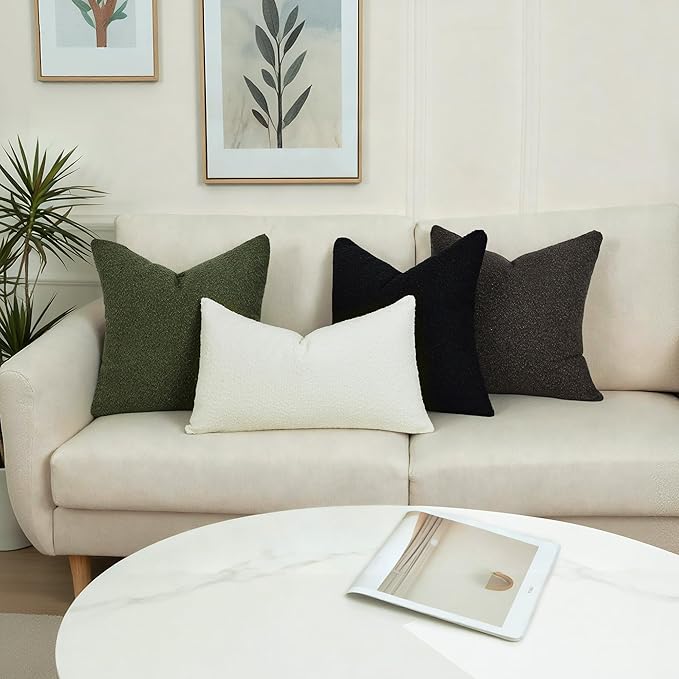 Textured Boucle Pillow Covers 12x20 Inch Set of 2, Striped Solid Pillowcases Cozy Soft Modern Accent Boho Lumbar Decorative Throw Pillows for Couch Sofa Bed Living Room Home Decor, Beige