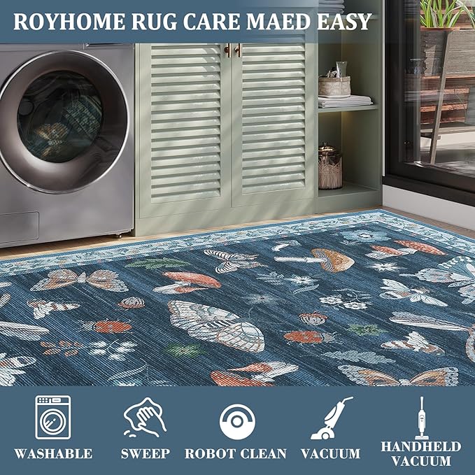 Mushroom Insect Rug 2x6 Runners for Hallways, Boho Kitchen Runner Rugs Non Slip Bath, Modern Washable Rug for Bedroom, Soft Long Rugs for Entryway Bathroom Laundry Dorm, Blue