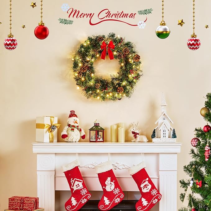 24 Inch Prelit Christmas Wreath for Front Door, Battery Operated LED Light Christmas Wreath with Bow and Pine Cones, Lighted Wreath Wall Windows Decoration