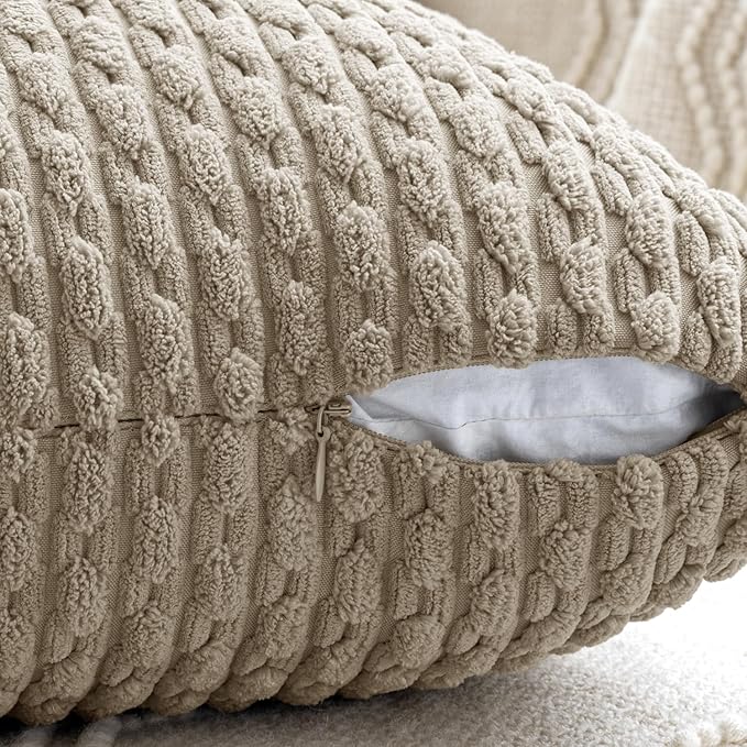 MIULEE Throw Pillow Covers Soft Couch Decorative Set of 4 Boho Striped Cushion Corduroy Pillowcases Farmhouse Rustic Mid Modern Home Decor for Couch Bed Sofa Living Room 20x20 Inch Neutral Harmony