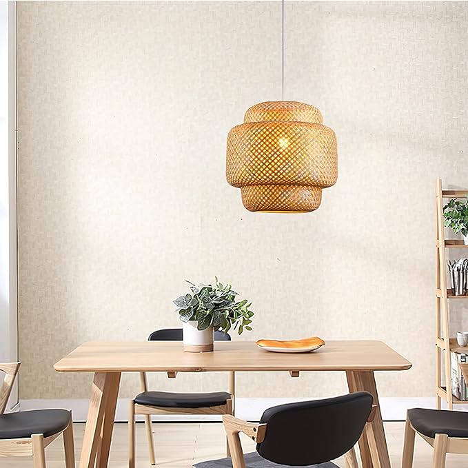 Bamboo Pendant Light - Boho Basket Chandelier Handmade Woven Pendant Light, Natural Wicker Rattan Hanging Chandelier for Kitchen Island Dining Room Living Room Porch