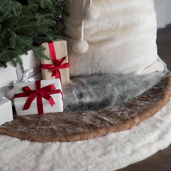 Balsam Hill Lodge Faux Fur Christmas Tree Skirt - Premium Rustic and Luxurious Fur Accents in Brown and Ivory for Tree Decor, Ivory, 48"