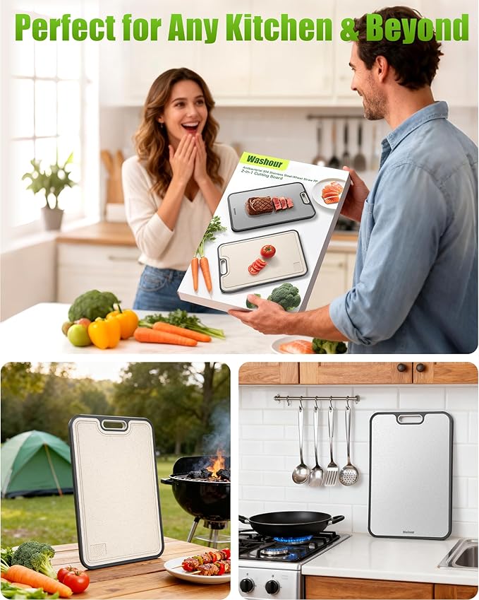 Stainless Steel Cutting Boards for Kitchen, Non Toxic Double Sided Cutting Board, 2-in-1 Wheat Straw PP, Large Chopping Board for Meat and Fruit, Non-Slip, Gifts for Housewarming 16”×11”