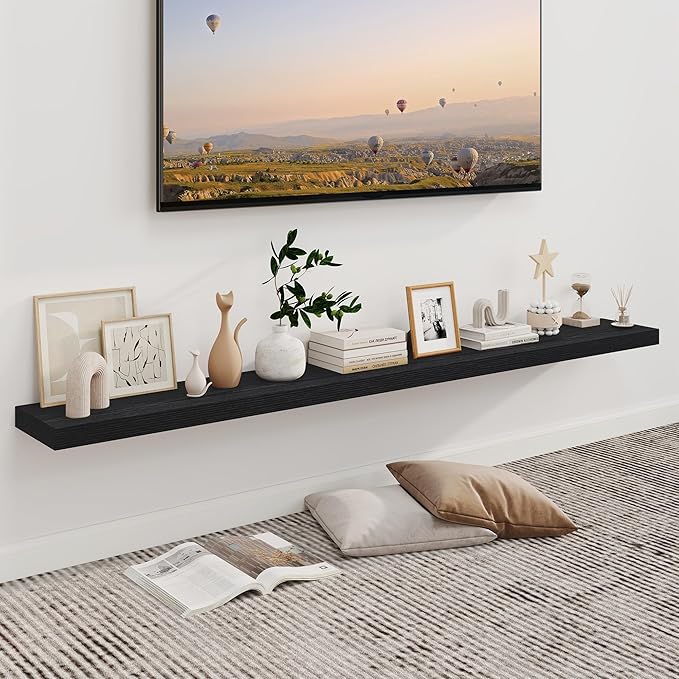 Fun Memories 66 Inch Fireplace Mantel - Long Floating Shelf, Wall Mounted Farmhouse Display with Invisible Heavy Duty Metal Bracket, Black, 2 Pack