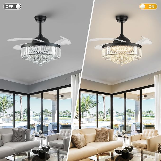 42'' Fandelier Ceiling Fan with Light, Retractable Chandelier Fan LED Dimmable Crystal Ceiling Fan for Bedroom Living Room Dining Room-Black