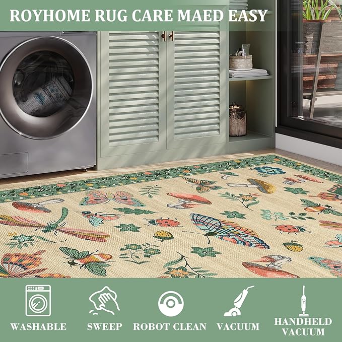 Mushroom Washable Area Rug 6x9 Rugs for Living Room Soft Low-Pile Stain Resistant Thin Carpet for Bedroom Dining Nursery Non Slip Mat with Rubber Khaki Green