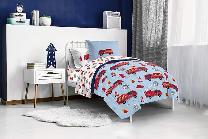 Jay Franco Trend Collector Go Fire Truck Go 5 Piece Twin Bed Set - Includes Comforter & Sheet Set - Super Soft Fade Resistant Microfiber Bedding