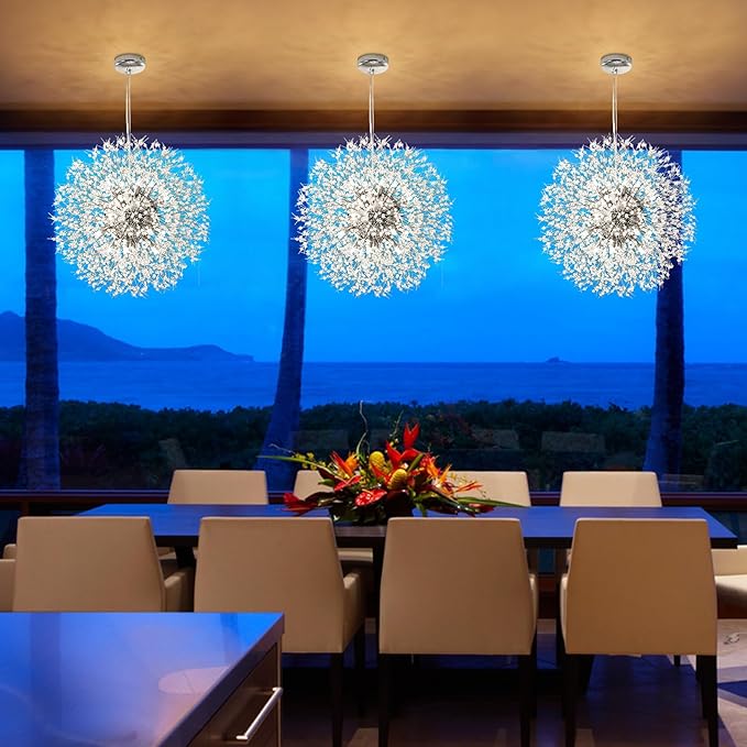 Qamra Modern Crystal Chandeliers, Chrome Firework Dandelion Sputnik Chandelier Light Fixture Pendant Lighting for Dining Room, Bedroom, Kitchen, Living Room(16-Light, Chrome)