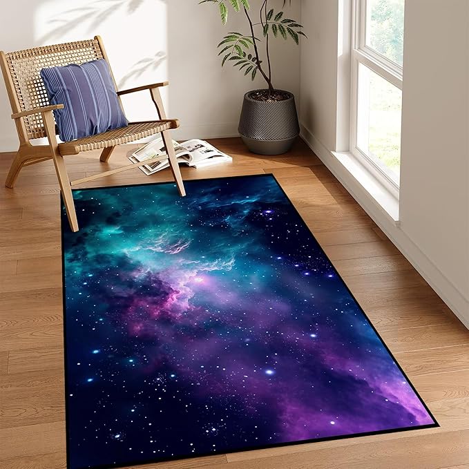 2'7" x 3'11" Galaxy Area Rug Dark Blue Outer Space Doormat for Kids Bedroom Living Room Glitter Starry Sky Carpets Throw Rugs, 47'' X 31''