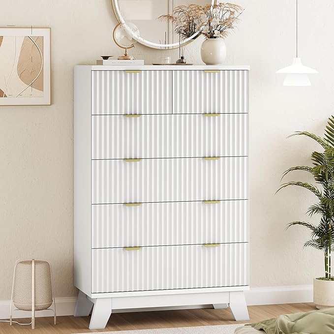 Fluted Dresser for Bedroom with 6 Drawers, 46" Tall Modern Chest of Drawers with Metal Handle, Wooden Dresser TV Stand, Wood Closet Clothes Storage Organizer for Living Room, Hallway, White