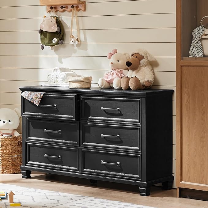 Farmhouse Black 6 Drawer Dresser for Bedroom, 54 inch Wide Vintage Large Chest of Drawers with Square Wood Legs, Rustic TV Console for Living Room, Wooden Storage Closet Dressers for Home