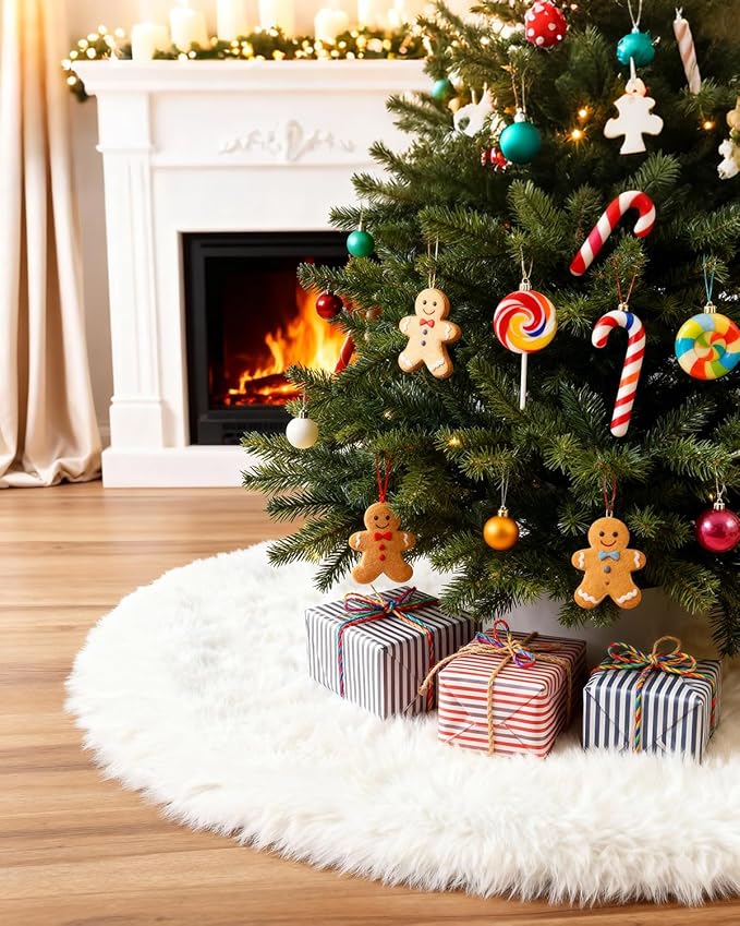 COOLWUFAN 60 Inches Faux Fur Christmas Tree Skirt for Xmas Tree Holiday Party Decorations White Plush (White)