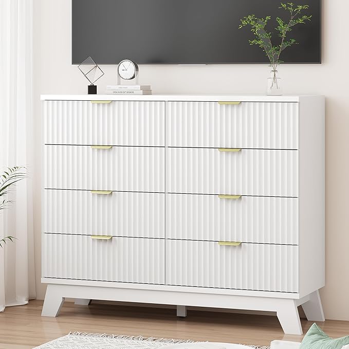 Fluted Dresser for Bedroom with 8 Drawers, 48" Wide Modern Chest of Drawers with Metal Handle, Wooden Dresser TV Stand, Wood Closet Clothes Storage Drawer Organizer for Living Room, Hallway, White
