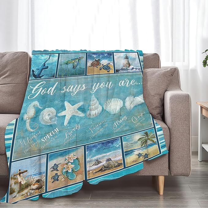 Tijuboni Ocean Nautical Throw Blanket Beach Seashells Gifts for Girls Boys Women Men Kids Adults Soft Flannel Fleece Blanket for Couch Sofa Bed Home Decor 50"x60"