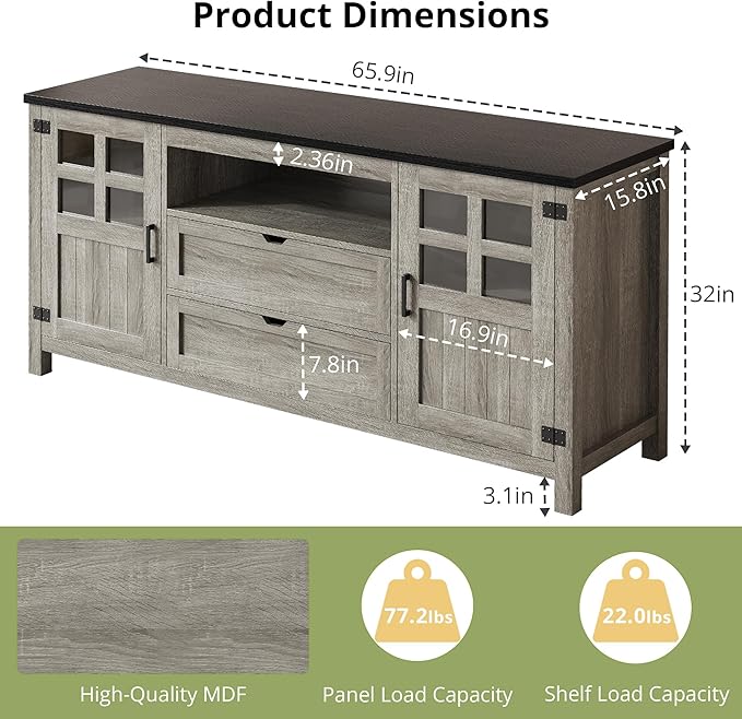 65 Inch TV Stand, Entertainment Center with Storage Cabinets, Mid Century Modern TV Console, Fits TVs up to 75" for Living Room & Bedroom (Classical Grey)