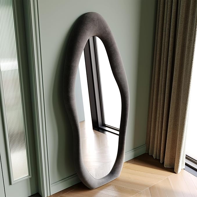 Honyee Full Length Mirror, 63" x 24" Wall Mirror, Flannel Wrapped Wooden Frame Full Body Mirror, Irregular Wavy Mirror Hanging or Leaning Against Wall for Cloakroom/Bedroom/Living Room, Grey