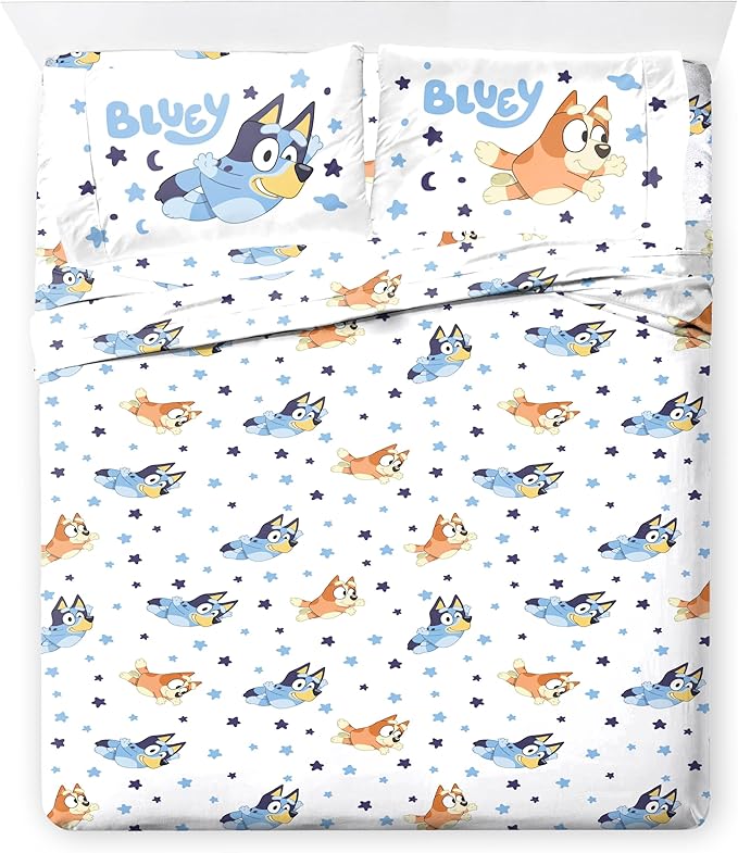 Jay Franco Bluey & Bingo Queen Comforter Set - 7 Piece Bedding Includes Sheet Set & Pillow Covers - Super Clouds & Stars Cozy Bedding