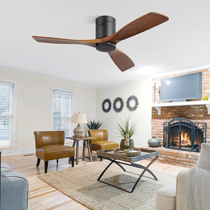 Sofucor 52" Low Profile Ceiling Fan with Remote Control, Outdoor Ceiling Fan No Light with 3 Walnut Blades, Multi-speed, Timer, Reversible DC Motor for Patio Living Room Bedroom Office Black