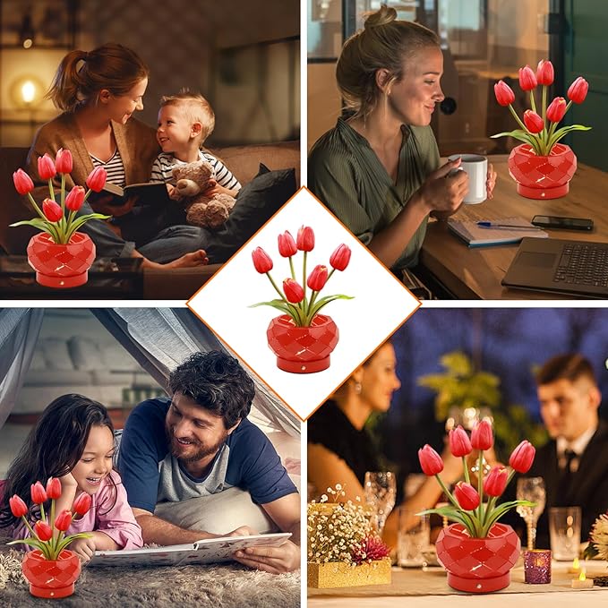 Birthday Gifts for Women,Tulips Flower Touch Lamp,Rechargeable Cordless Lamps 3-Colour Dimming Small Night Light for Festival,Restaurant,Bedroom,Office Home Decor Gifts for Mom