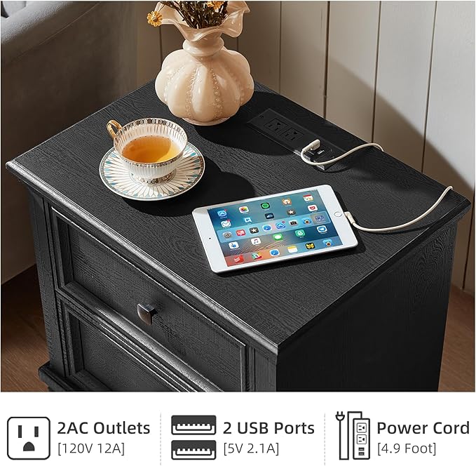 Farmhouse Nightstand with Charging Station, Rustic Low Night Stand with 2 Drawers, Mid-Century Modern End Table with 4 Square Solid Wood Legs, Small Dresser for Bedroom, Home, Black