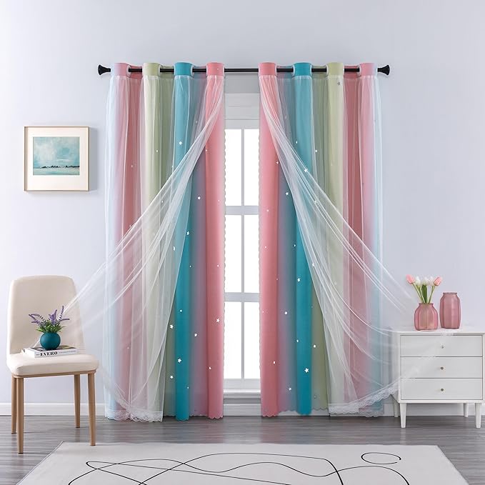 XiDi Curtains for Bedroom Decor, Rainbow Pink-Blue-52-90