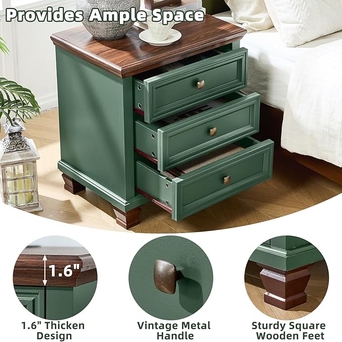 Farmhouse Nightstand Set of 2, Rustic Accent End Table with 3 Drawers & 4 Square Solid Wood Legs, Vintage Bed Side Table with Storage, Small Dresser for Bedroom, Living Room, Green