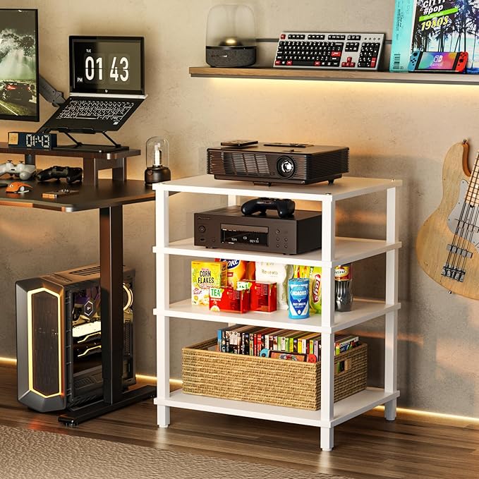 LELELINKY 4-Tier AV Media Player Stand, Stereo Stand, Modern Audio Shelf,Wooden TV Stand,Multifunctional Media Console Shelf, Suitable for Home, Conference Room, White