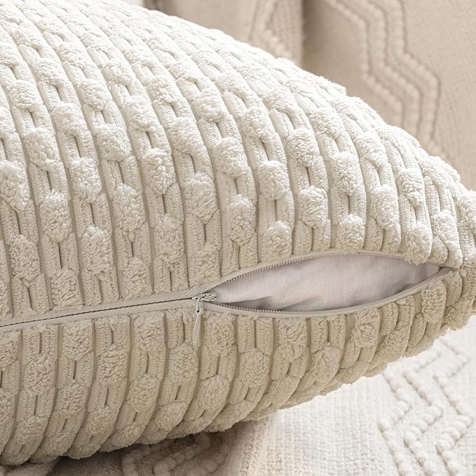 MIULEE Throw Pillow Covers Soft Couch Decorative Set of 4 Boho Striped Cushion Covers Corduroy Pillowcases Farmhouse Home Decor for Couch Bed Sofa Living Room 18x18 Inch Beige