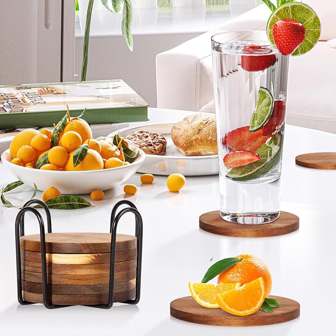 10 Pcs Wood Coasters with Holder, Wooden Coasters for Drinks Absorbent, Drink Coasters for Coffee Table, Modern Home Decor, Coaster Set for Table Protection, Office, Bar