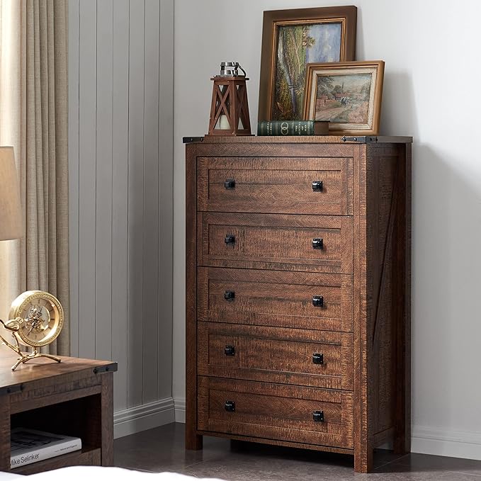 T4TREAM Farmhouse 5 Drawers Dresser Chests for Bedroom, Wood Rustic Tall Chset of Drawers,Dressers Organizer for Bedroom, Living Room,Hallway, Reclaimed Barnwood