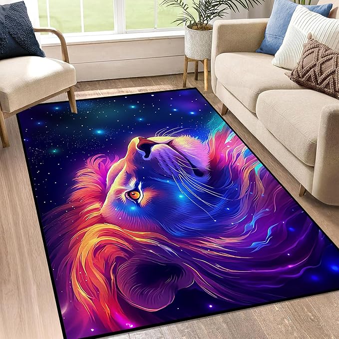 2'7" x 3'11" Galaxy Lion Rug 3D Fierce Lions Area Rugs for Kids Bedroom Living Room Playroom Gameroom Boys Glitter Carpet Throw Rugs Floor Mat 47 in X 31 in