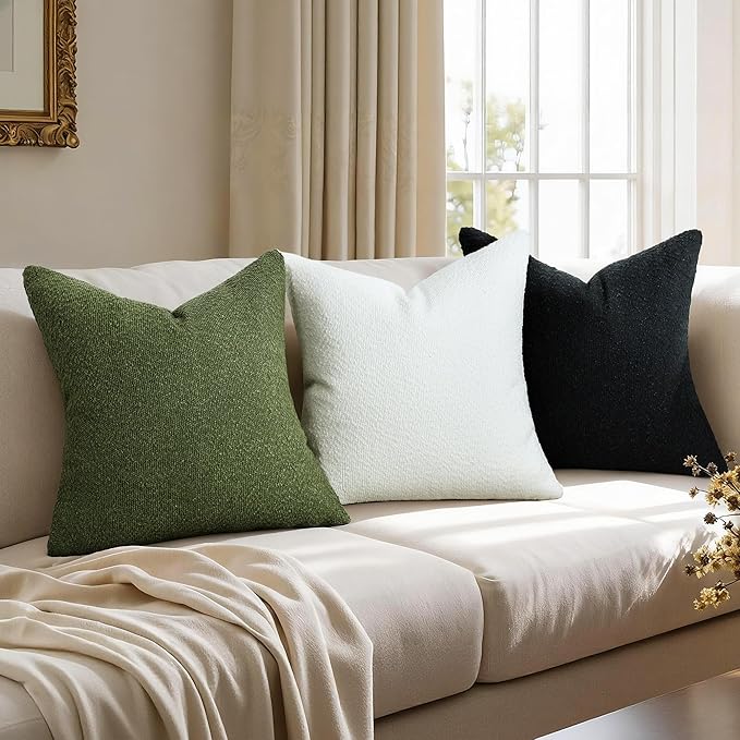 Textured Boucle Pillow Covers 18x18 Inch Set of 2, Striped Solid Pillowcases Cozy Soft Modern Accent Boho Square Decorative Throw Pillows for Couch Sofa Bed Living Room Home Decor, Black