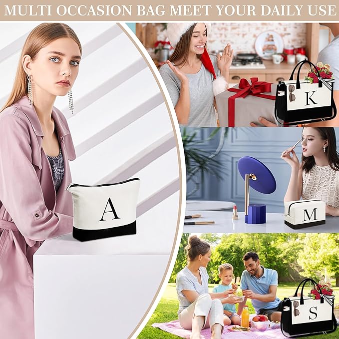 YOOLIFE Christmas Gifts for Women - Initial Canvas Tote Bag & Makeup Bag, Birthday Gifts for Women Mom Sister Friends