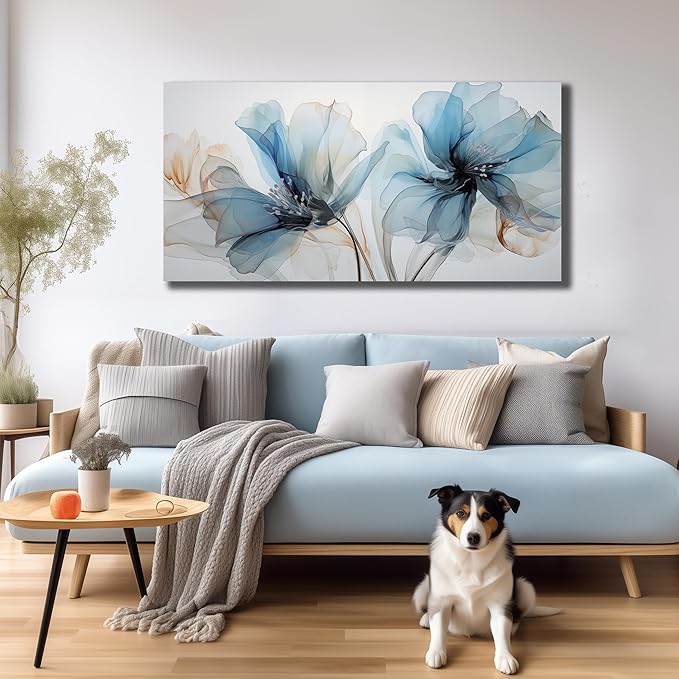 Floral Canvas Wall Art for Office Big Wall Decor for Bedroom Women Blue and White Wall Decor for Living Room Size 24 x 48 Inch