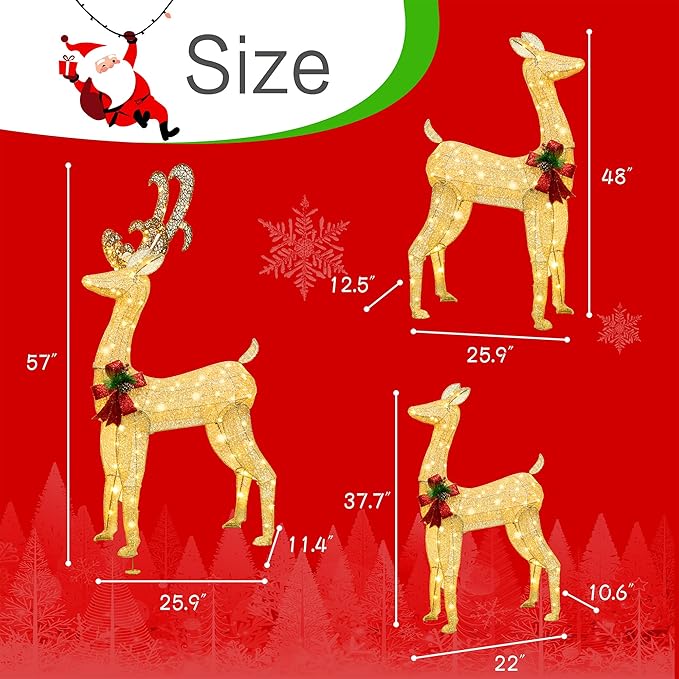 5Ft 3-Piece LED Lighted Christmas Deer Family Outdoor Yard Decorations,3D Super Large Christmas Reindeer Decor,Outdoor Lighted Holiday Deer with 360 LED Displays for Patio,Lawn & Garden-Gold