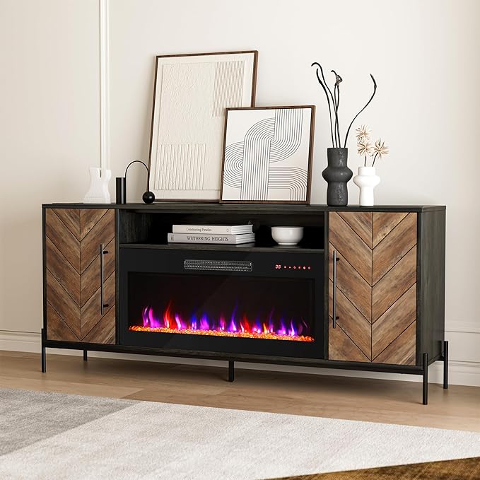BELLEZE 68" TV Stand with 36" Electric Fireplace Heater, Entertainment Center with Storage Cabinet, Console Table for TVs up to 75" for Living Room, Bedroom - Harper (Black Ebony)