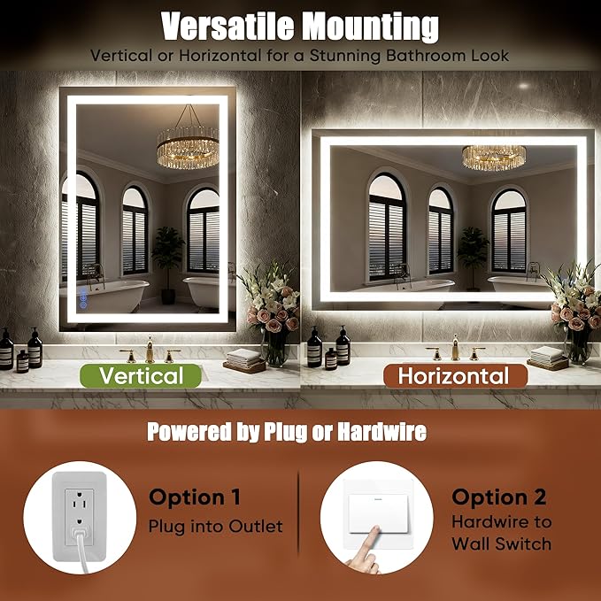 LED Bathroom Mirror 30"x36", Wall-Mounted Vanity Mirrors Front & Backlit Separate Light Control Stepless Dimmable Anti-Fog Memory 3 Color Temperatures Shatter-Proof Tempered Glass