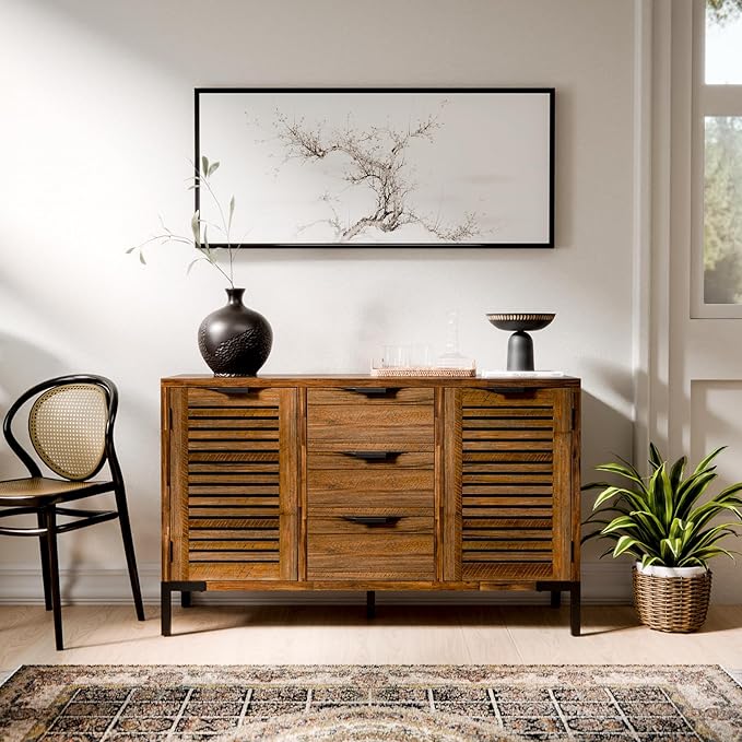 Bme Millie Premium Solid Wood Sideboard Storage Cabinet with Storage, Pre-Assembled with 3 Drawers & 2 Doors, Adjustable Shelves