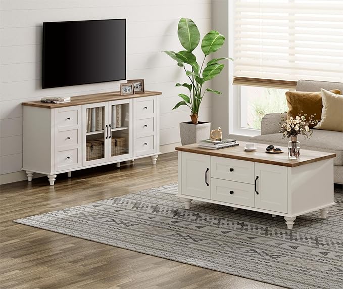 WAMPAT Farmhouse TV Stand for TVs Up to 65 inch, Glass Door TV Cabinet with Adjustable Shelf, Wooden Entertainment Center for 32-60 inch TV Console Table, Off White