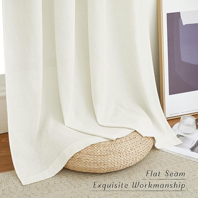 NICETOWN Privacy Off White Linen Blend Curtains Extra Long 108" Long, Rustic Grommet Elegant Vertical Flax Semi Sheer Panels for Farmhouse/French Door, 110" W Total 2 Panels