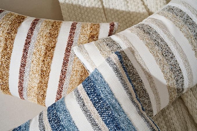 Zealax Modern Farmhouse Decorative Pillow Covers 20x20 Inch Boho Throw Pillows Soft Chenille Couch Cushion Covers, Set of 2 Velvet Striped Accent Pillows Cases for Sofa Bed Living Room, Golden Yellow