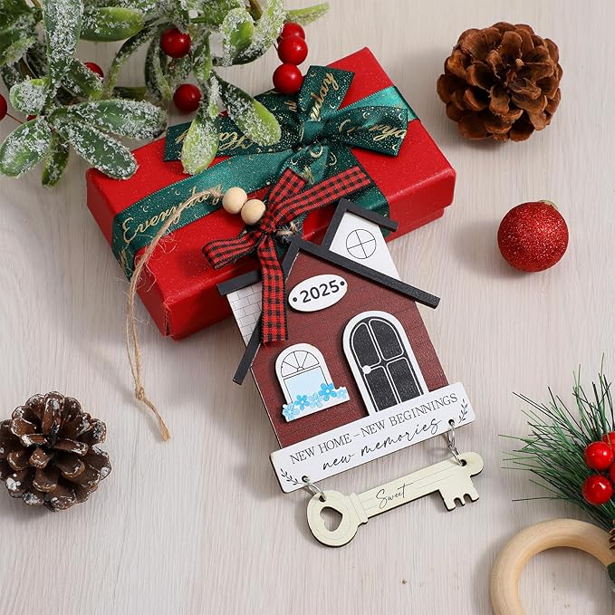 2025 New Home Keepsake, Housewarming Gift for Couples - Wooden Home Decor for New Homeowners, Unique House Warming Presents (Red)