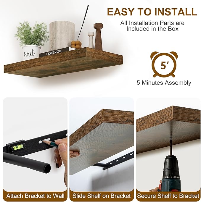 Fun Memories Floating Shelves, 8 Inch Deep Floating Shelves for Wall, 8 x 8 Wall Shelves, Rustic Wood Floating Shelf for Living Room, Bedroom, Bathroom, Rustic Brown Color, Set of 2