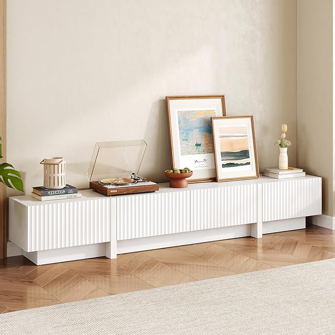 98” TV Stand for Living Room, Modern Entertainment Center with Drawers & Storage Compartments, Large TV Console Fits 55”-95” TVs, Square Top with Grooved Drawer Fronts & Stable Base,White