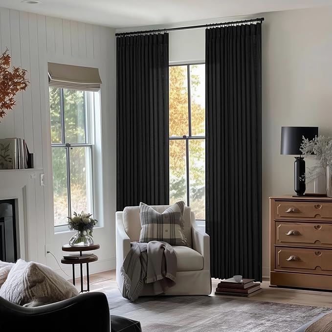 120 Inch Curtains High Ceiling Tall Curtains 2 Panels Set for Living Room Pinch Pleated with Hooks Rings Back Tab Bohemian Semi Sheer Drapes Cottage Long Large Window Drapes 120 Length Black