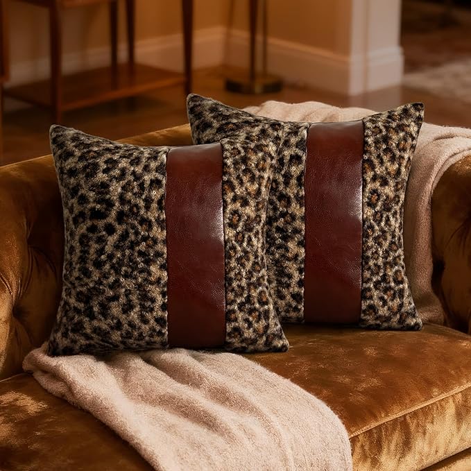 Cheetah Pillow Covers 18x18 Set of 2, Brown Faux Leather & Leopard Print Boucle Accent Throw Pillow Cover, Decorative Boho Farmhouse Pillowcases Cushion Cover Couch Bed Livingroom Home Decor